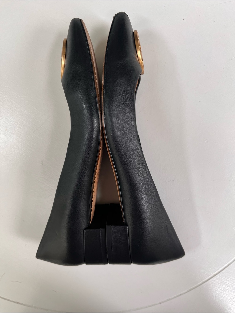 Tory Burch Black Leather Ballet Flats with Gold Logo Medallion - Picture 7 of 8